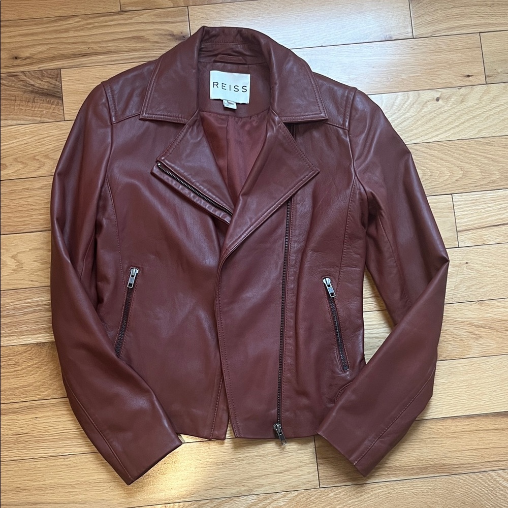 Reiss Chestnut Leather Biker Jacket